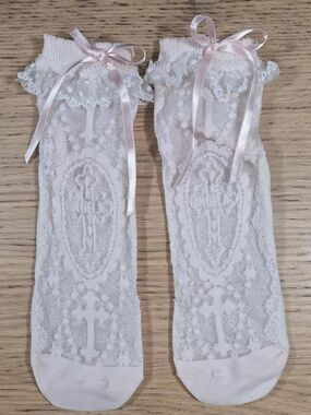 Angelic Pretty Pink Lace Ankle Socks Cross Motif Shimmer | Sweet Lolita